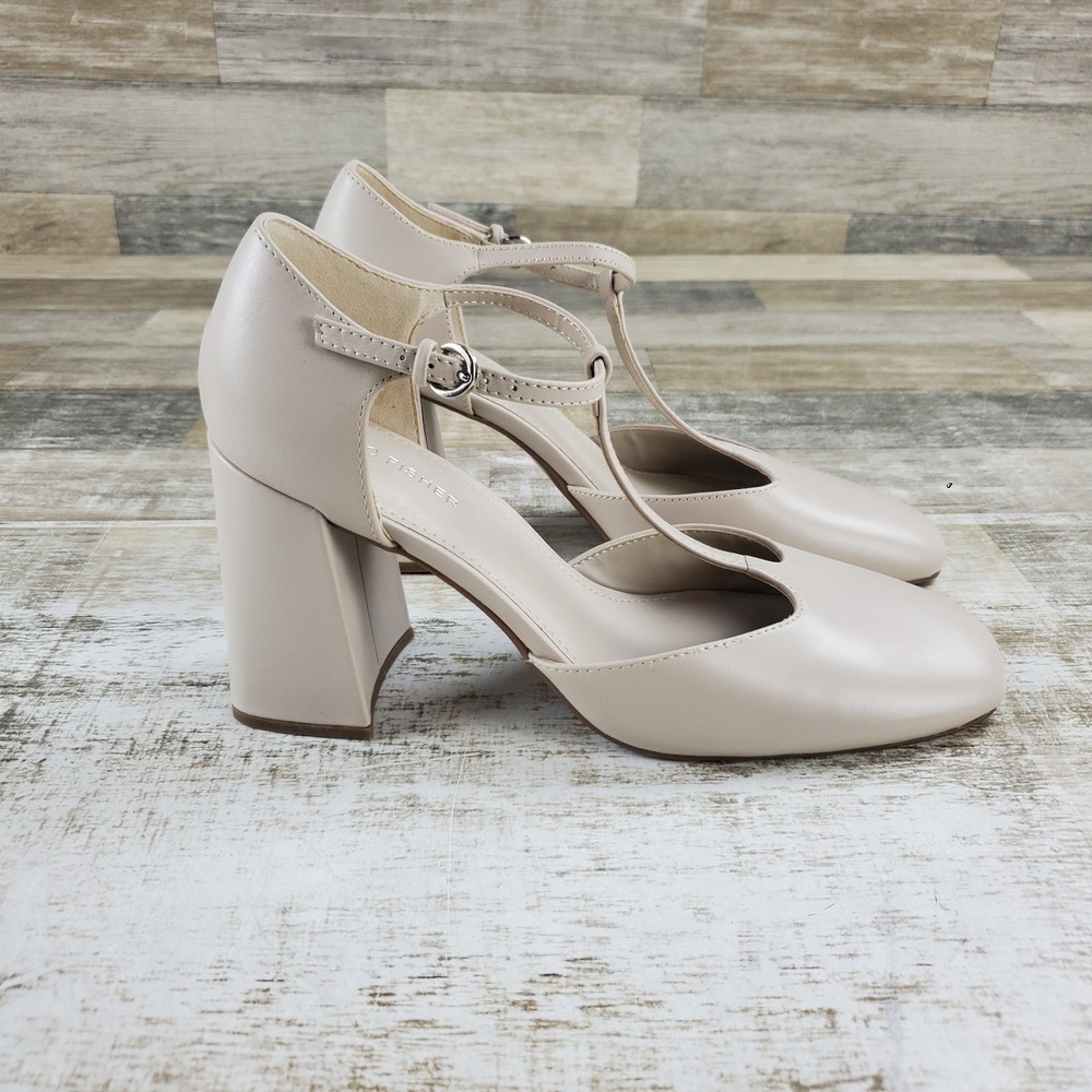 Marc Fisher Cyrene Womens Pump Sz 9.5 Neutral Beige Block-Heeled T-Strap Classic